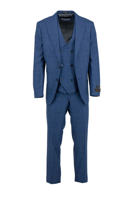 The Tiglio Luxe Blue Mini Check with Windowpane Prosecco Modern Fit Pure Wool Suit & Vest TL4249 is a men's three-piece suit, featuring a blazer, double-breasted vest, and trousers in fine Italian wool, shown on a white background.