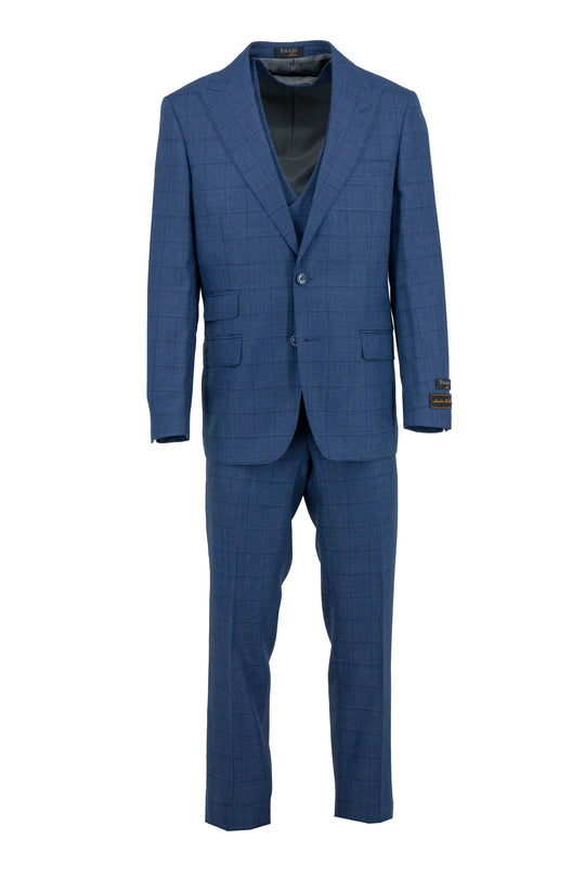 The Tiglio Luxe Blue Mini Check with Windowpane Prosecco Modern Fit Pure Wool Suit & Vest TL4249 is a men's three-piece suit, featuring a blazer, double-breasted vest, and trousers in fine Italian wool, shown on a white background.