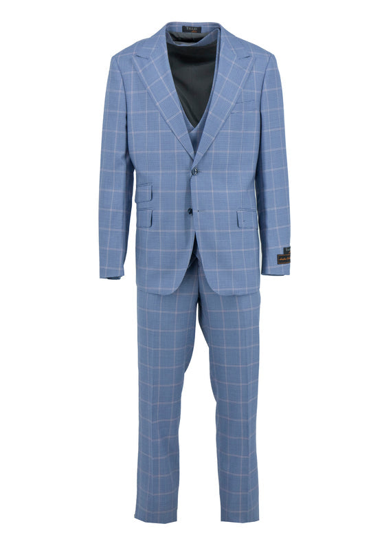 The Tiglio Luxe Sky Blue Mini Houndstooth with Pink Windowpane Prosecco TL4251 is a modern fit pure wool suit and vest by Tiglio Luxe, featuring a blazer, double-breasted vest, and matching trousers on a white background.
