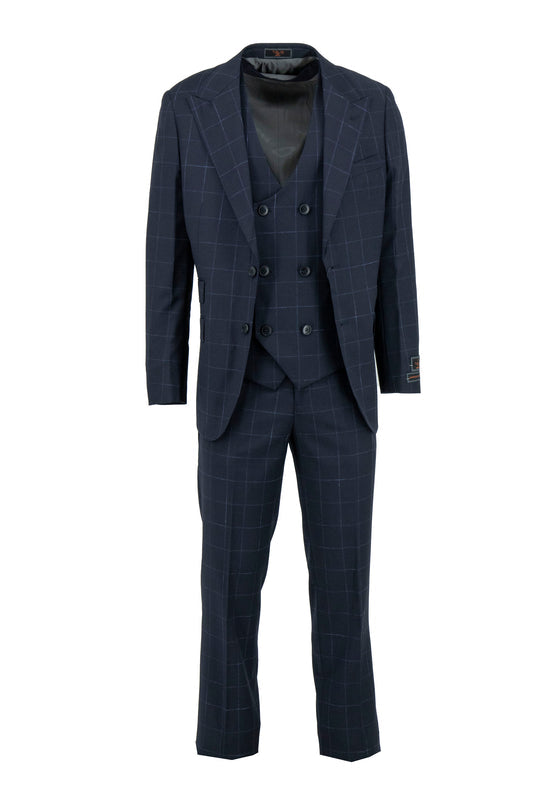 The Tiglio Luxe Prosecco Modern Fit Suit & Vest TL5104 features navy pure wool with a light blue windowpane, including a jacket, double-breasted vest, and trousers, displayed on a white background.