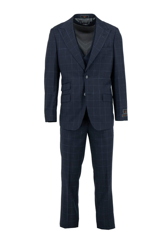 The Tiglio Luxe Prosecco Modern Fit Suit & Vest TL5104 features navy pure wool with a light blue windowpane, including a jacket, double-breasted vest, and trousers, displayed on a white background.