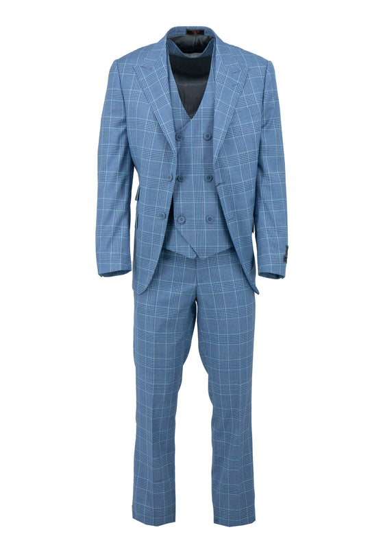 The Tiglio Luxe Sky Blue with Windowpane Prosecco Suit & Vest (TL5587) is a modern fit pure wool three-piece by Tiglio Luxe, featuring a jacket, waistcoat, and trousers—ideal for those who value tailored menswear. Displayed on a white background.
