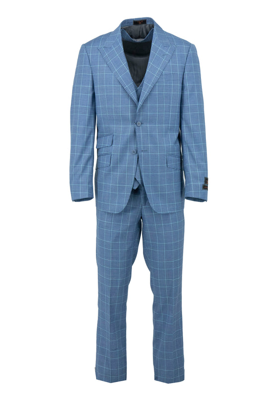 The Tiglio Luxe Sky Blue with Windowpane Prosecco Suit & Vest (TL5587) is a modern fit pure wool three-piece by Tiglio Luxe, featuring a jacket, waistcoat, and trousers—ideal for those who value tailored menswear. Displayed on a white background.