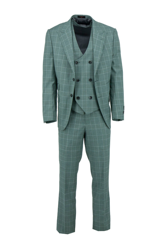 The Tiglio Luxe Sage Green with Windowpane Prosecco Modern Fit Pure Wool Suit & Vest (TL5588) is showcased on a mannequin against a white background.
