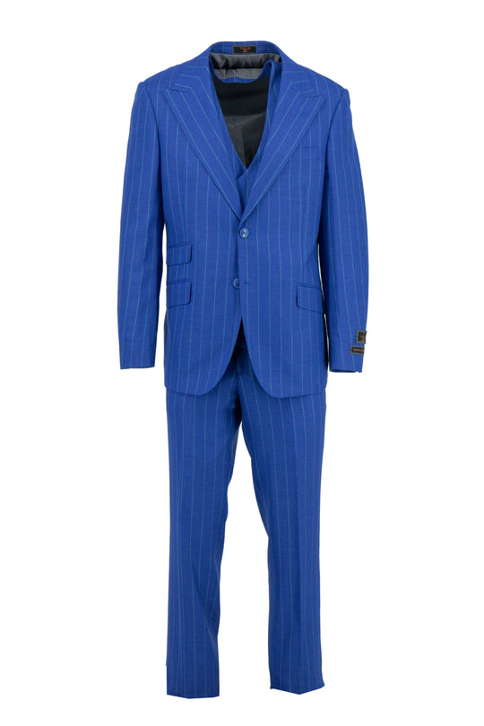 The Tiglio Luxe Blue with Green Pinstripe Prosecco TL6018 suit & vest, crafted from pure wool in a modern fit, features a double-breasted vest and matching pants—an elegant men's outfit by Tiglio Luxe shown on a white background.