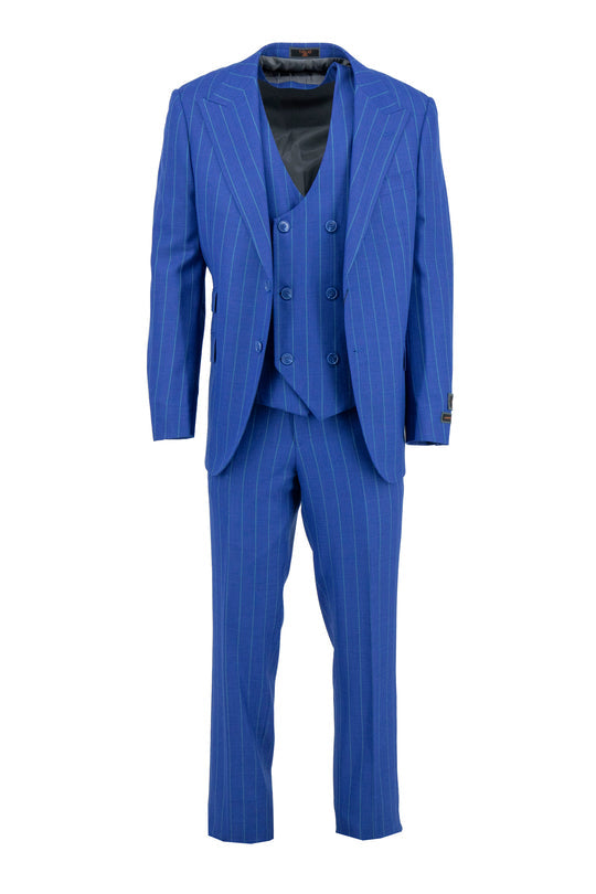 The Tiglio Luxe Blue with Green Pinstripe Prosecco TL6018 suit & vest, crafted from pure wool in a modern fit, features a double-breasted vest and matching pants—an elegant men's outfit by Tiglio Luxe shown on a white background.
