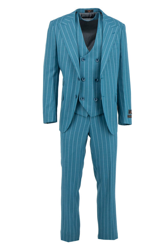 The Tiglio Luxe Crystal Teal with Pinstripes Prosecco TL6019 is a modern fit pure wool three-piece suit featuring a notch lapel jacket, double-breasted vest, and matching trousers, shown on a plain white background.