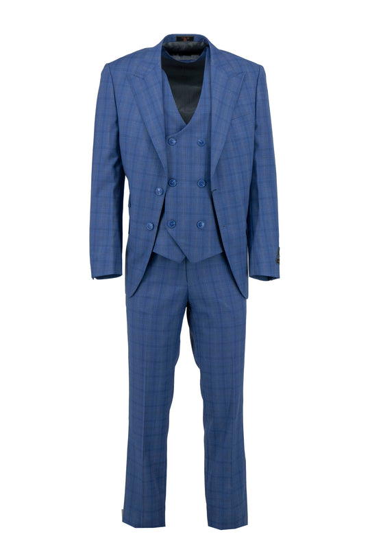 The Tiglio Luxe Blue with Grey and Black Windowpane Prosecco suit (TL6069) is a modern fit pure wool suit with matching vest, showcased on a white background.