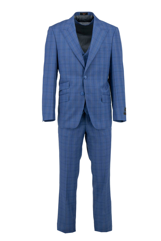 The Tiglio Luxe Blue with Grey and Black Windowpane Prosecco suit (TL6069) is a modern fit pure wool suit with matching vest, showcased on a white background.