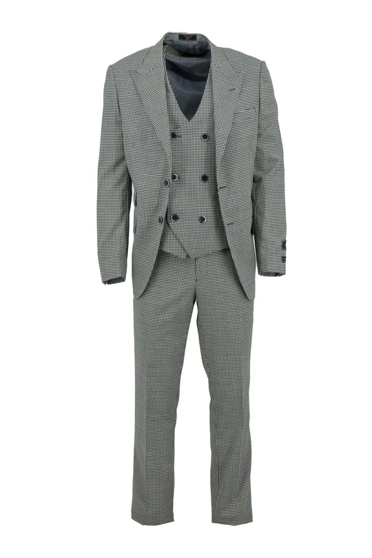 The Tiglio Luxe Prosecco suit features a black and white mini houndstooth pattern in modern fit pure wool, including a single-breasted blazer, double-breasted vest, and matching trousers—luxury tailoring at its finest.