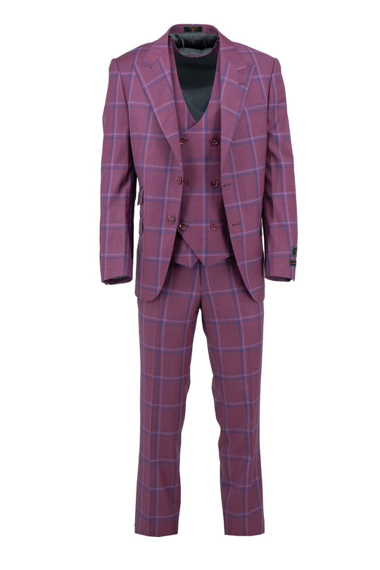 The Tiglio Luxe Boysenberry with Blue Windowpane Prosecco modern fit pure wool suit & vest (TL6334) features a jacket, double-breasted vest, and pants—showcasing fine Italian craftsmanship on a white background.