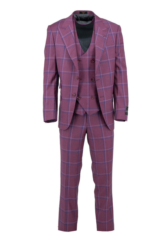 The Tiglio Luxe Boysenberry with Blue Windowpane Prosecco modern fit pure wool suit & vest (TL6334) features a jacket, double-breasted vest, and pants—showcasing fine Italian craftsmanship on a white background.