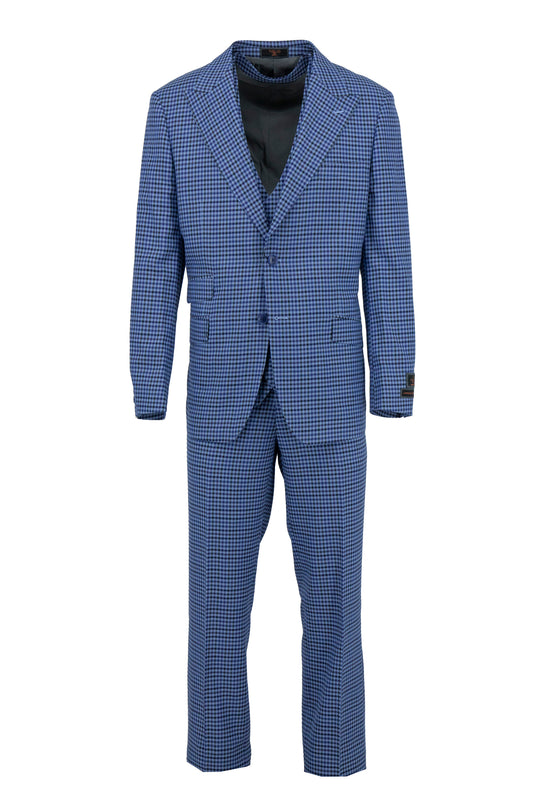 The Tiglio Luxe Light Blue with Mini Check Prosecco Suit & Vest TL6343 features pure wool fabric in a modern fit, including blazer, vest, and pants. Ideal for refined men's style. Displayed on a white background.