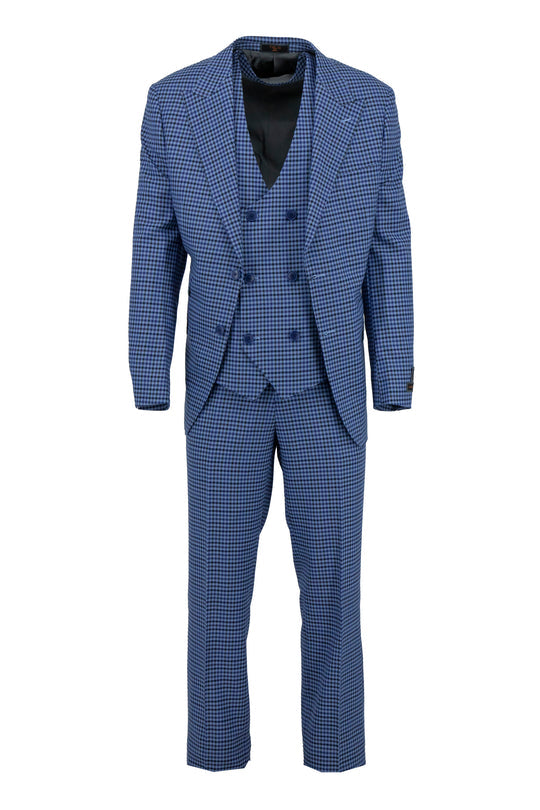 The Tiglio Luxe Light Blue with Mini Check Prosecco Suit & Vest TL6343 features pure wool fabric in a modern fit, including blazer, vest, and pants. Ideal for refined men's style. Displayed on a white background.
