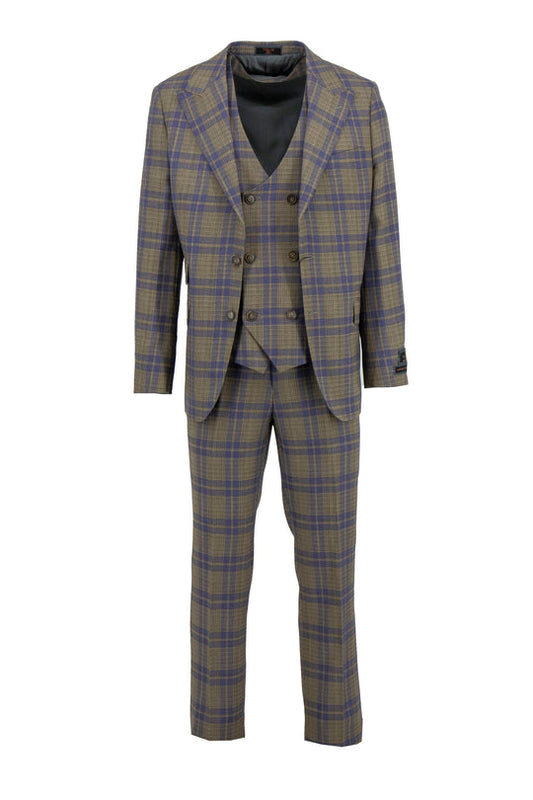 Tiglio Luxe Camel with Purple Windowpane Prosecco, Modern Fit Pure Wool Suit & Vest TL6364 features a jacket, double-breasted vest, and trousers in rich Italian wool, displayed on a white background.