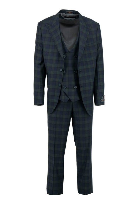 The Tiglio Luxe Navy and Green Plaid Prosecco Modern Fit Pure Wool Suit & Vest TL7500 features a notch lapel jacket, matching vest, and trousers. A standout men's suit from Tiglio Luxe, shown on a white background.