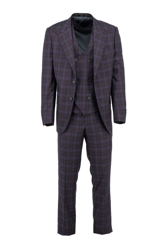 The Tiglio Luxe Eggplant and Black Mini Check with Blue Windowpane Prosecco Modern Fit Pure Wool Suit & Vest TL7522 is a three-piece men's suit, featuring a jacket, double-breasted vest, and trousers.
