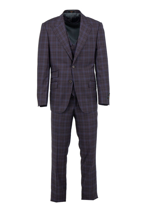 The Tiglio Luxe Eggplant and Black Mini Check with Blue Windowpane Prosecco Modern Fit Pure Wool Suit & Vest TL7522 is a three-piece men's suit, featuring a jacket, double-breasted vest, and trousers.