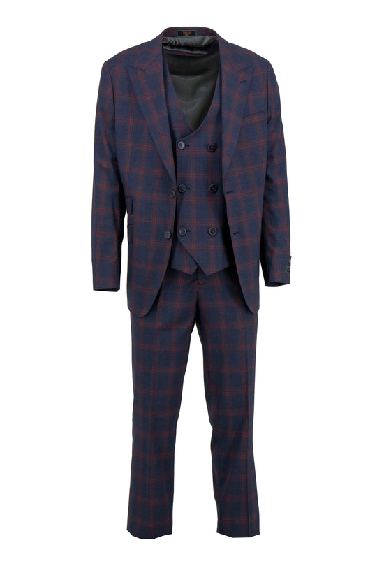 The Tiglio Luxe Denim Blue with Red Windowpane Prosecco Modern Fit Suit & Vest TL8066 features a pure wool three-piece set—blazer, double-breasted vest, and trousers—inspired by European style for exceptional quality.
