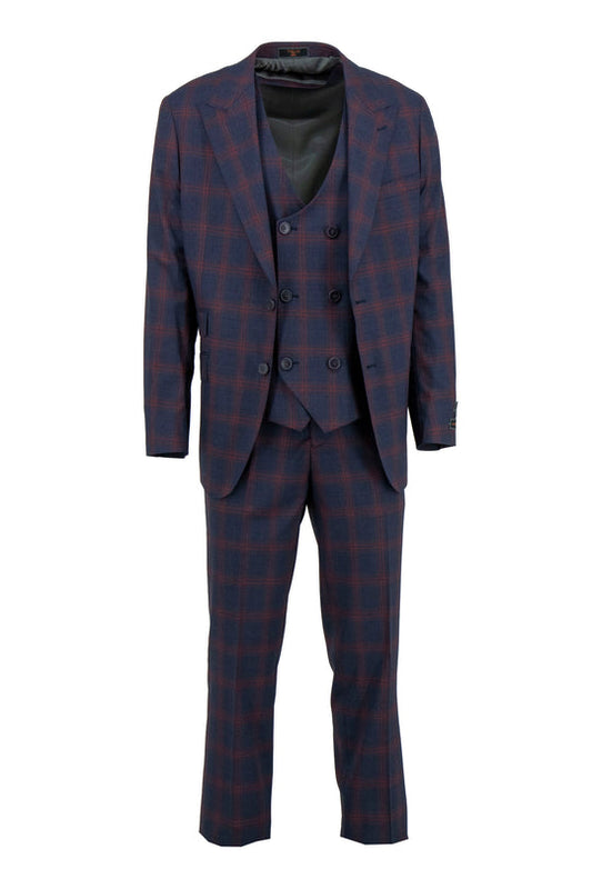 The Tiglio Luxe Denim Blue with Red Windowpane Prosecco Modern Fit Suit & Vest TL8066 features a pure wool three-piece set—blazer, double-breasted vest, and trousers—inspired by European style for exceptional quality.