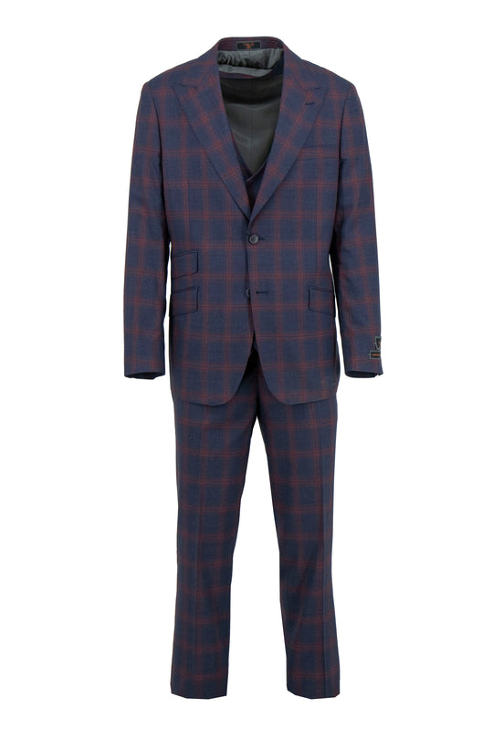 The Tiglio Luxe Denim Blue with Red Windowpane Prosecco Modern Fit Suit & Vest TL8066 features a pure wool three-piece set—blazer, double-breasted vest, and trousers—inspired by European style for exceptional quality.