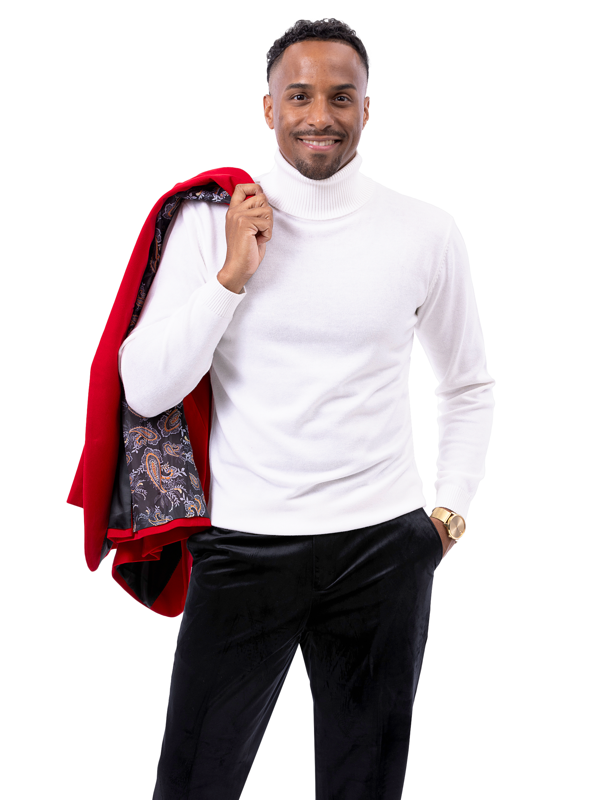 A man wearing EJ Samuel Black Pants PV01 is dressed in a white turtleneck and carries a red jacket with a patterned lining over his shoulder.