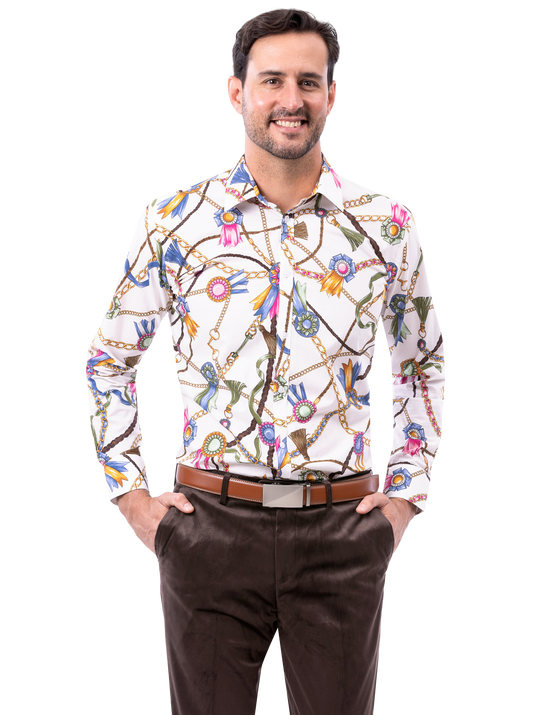 A man wearing a colorful, patterned shirt is standing with his hands in his pockets, showcasing the EJ Samuel Brown Pants PV01 by EJ SAMUEL.