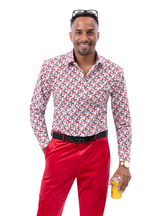 A man in a patterned shirt and EJ Samuel Red Pants PV01 by EJ SAMUEL holds a can, standing against a plain background.