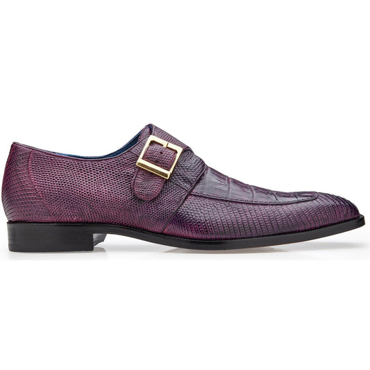 The BELVEDERE Pablo R90 is a genuine antique purple caiman crocodile dress shoe for men, featuring a gold monk strap buckle, leather sole, and low black heel, shown in profile on a white background.
