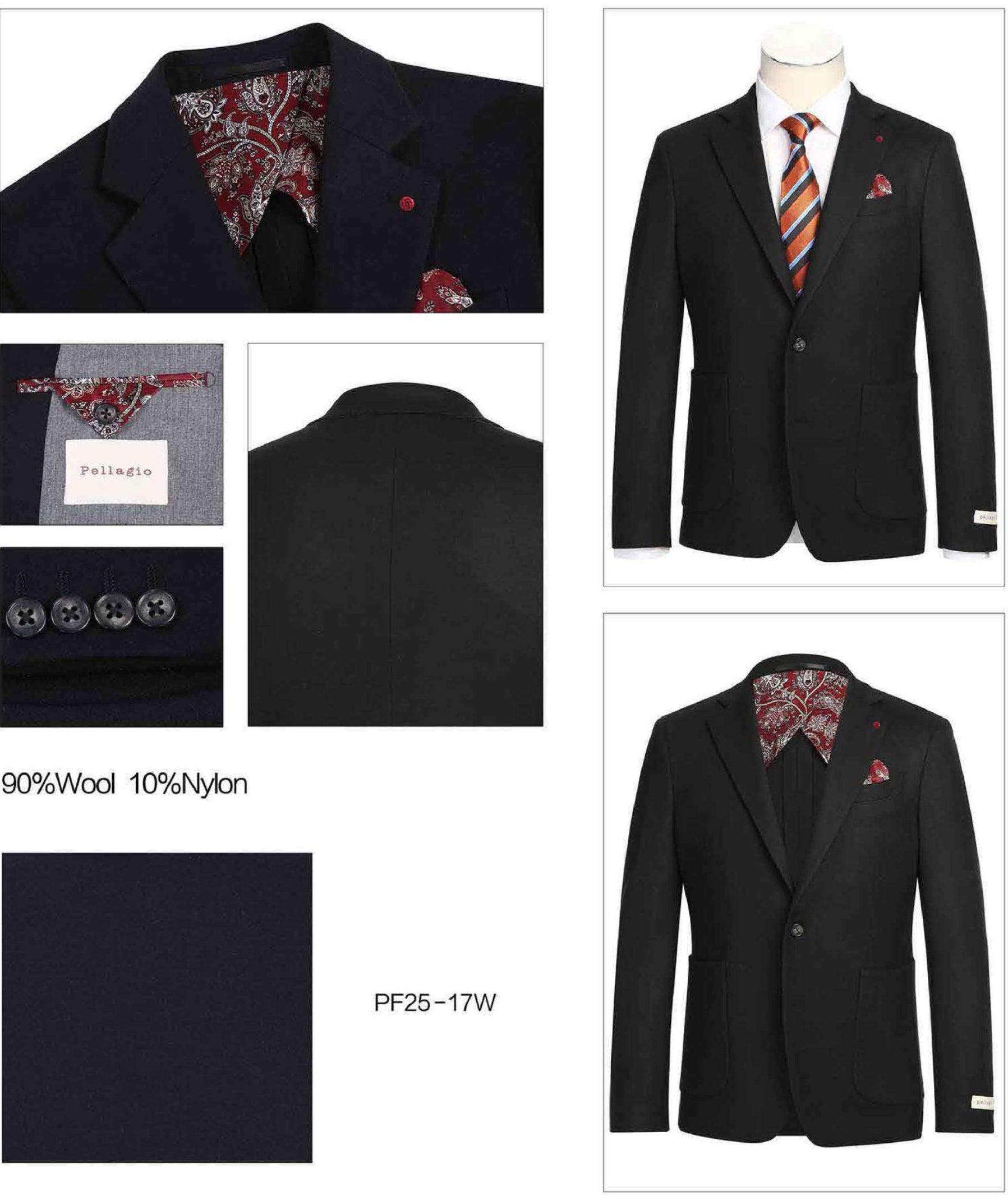 The Pellagio Men's Slim Fit Riserva Jacket Black PF25-17W by Pellagio, styled with a white dress shirt, striped orange tie, and patterned pocket square, is displayed on a headless mannequin.