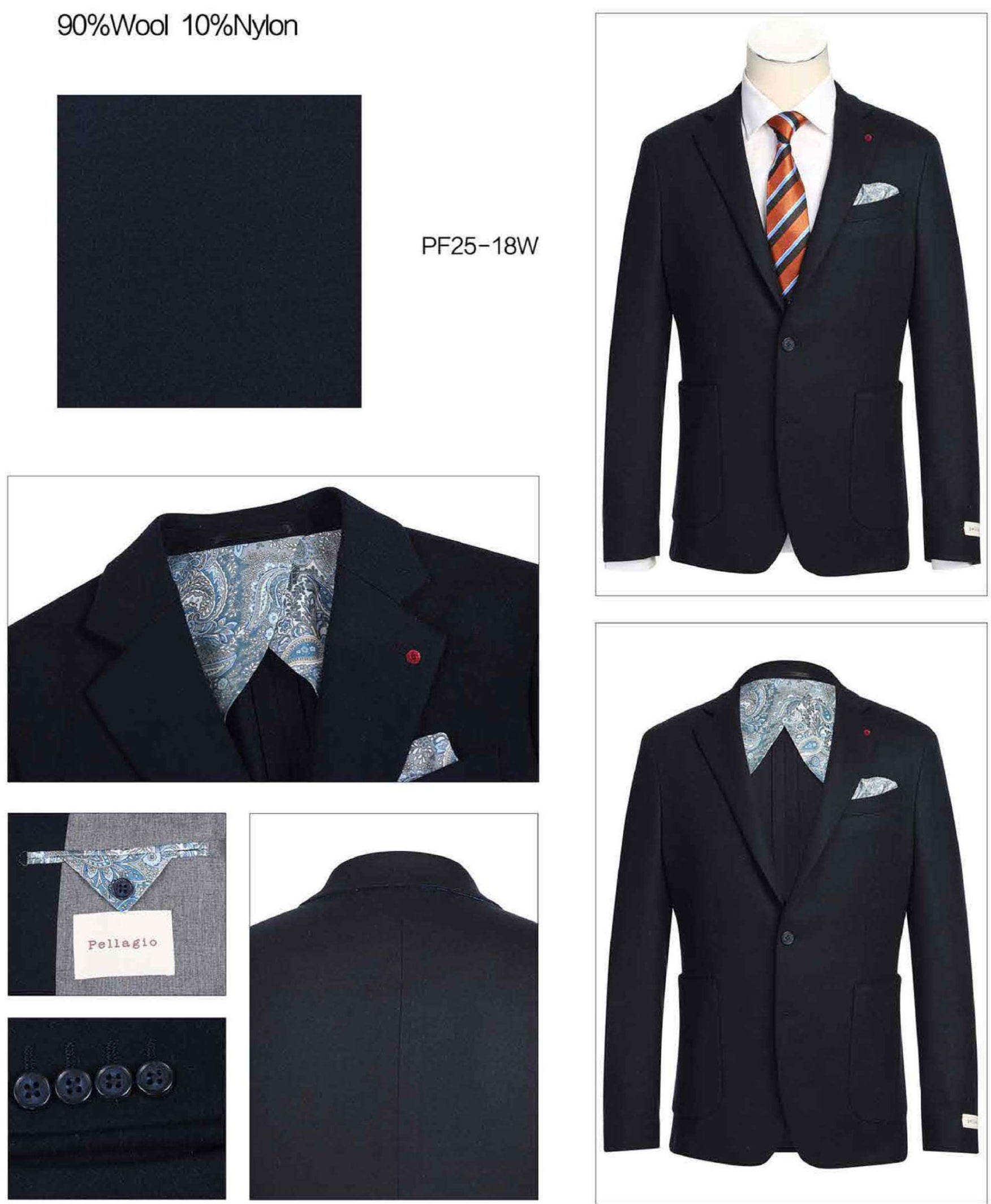 The Pellagio Men's Slim Fit Riserva Jacket Navy PF25-18W by Pellagio is displayed on a mannequin, paired with a white dress shirt, striped tie, and patterned pocket square.