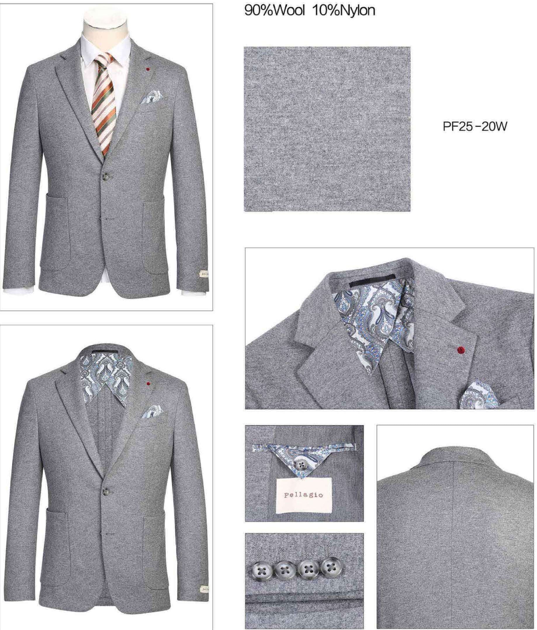 The Pellagio Men's Slim Fit Riserva Jacket Light Gray PF25-20W by Pellagio is displayed on a mannequin with a white dress shirt, striped tie, and patterned pocket square, featuring two front pockets and a modern slim fit.