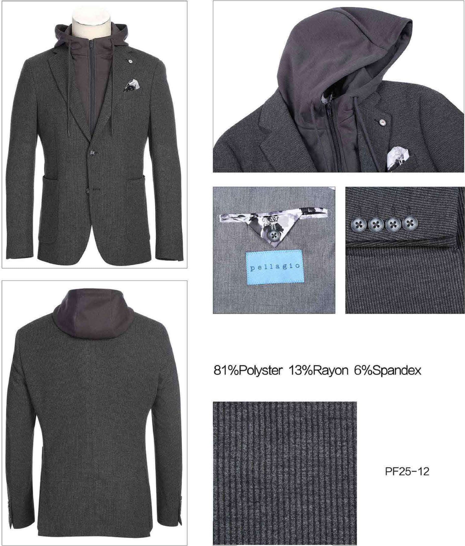The Pellagio Men's Slim Fit Riserva Jacket Charcoal PF25-12 features a notched lapel, patch pockets, and chest pocket square, styled over a grey hoodie with a removable hood on a white mannequin torso.
