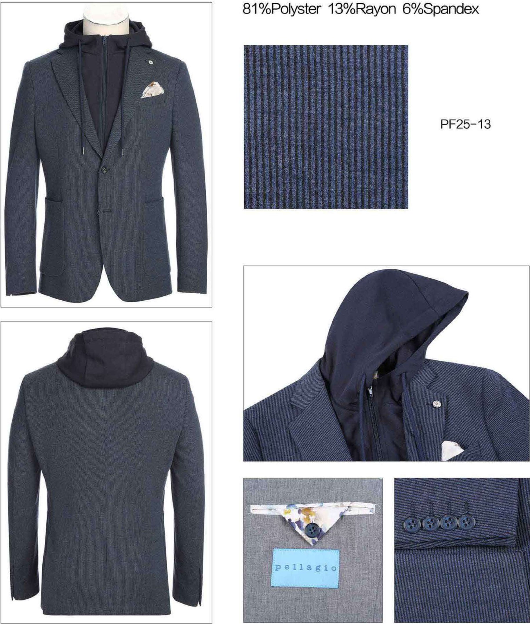 Pellagio Men's Slim Fit Riserva Jacket Gray Blue PF25-13, layered over a matching zip-up hoodie, features a white and patterned pocket square in the breast pocket.