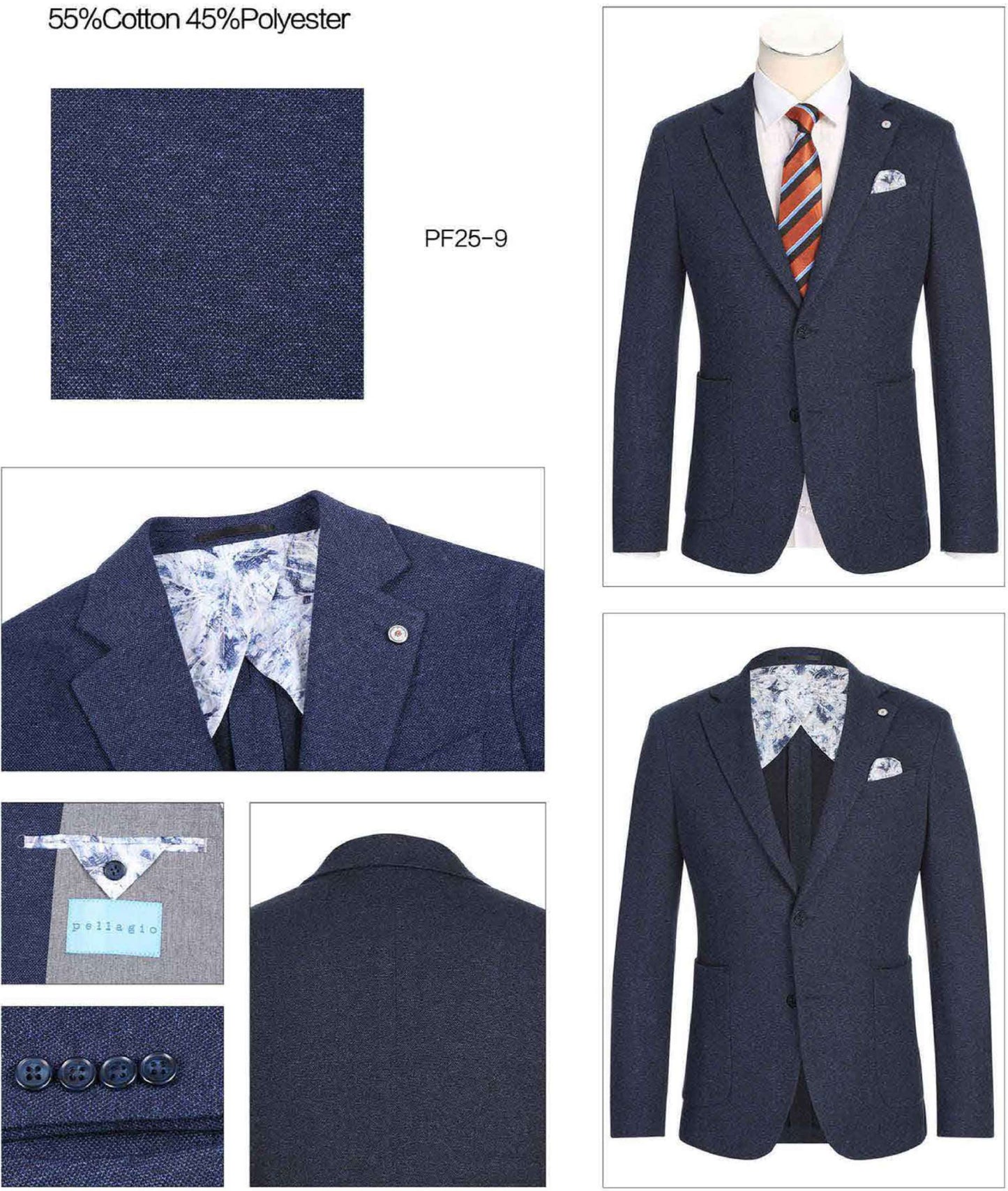 The Pellagio Men's Slim Fit Riserva Jacket Navy PF25-9 is styled over a white dress shirt with a striped orange and blue tie and patterned pocket square, displayed on a mannequin.