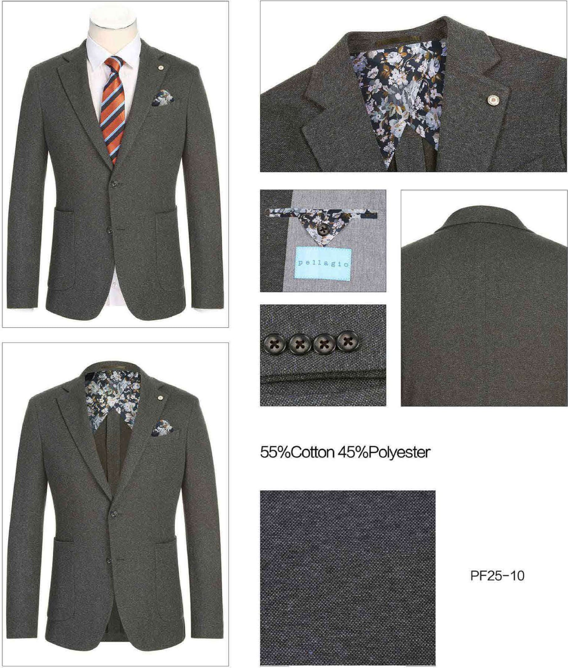The Pellagio Men's Slim Fit Riserva Jacket in charcoal (PF25-10) is styled with a white dress shirt, a striped orange and blue tie, and a patterned pocket square, all displayed on a mannequin.