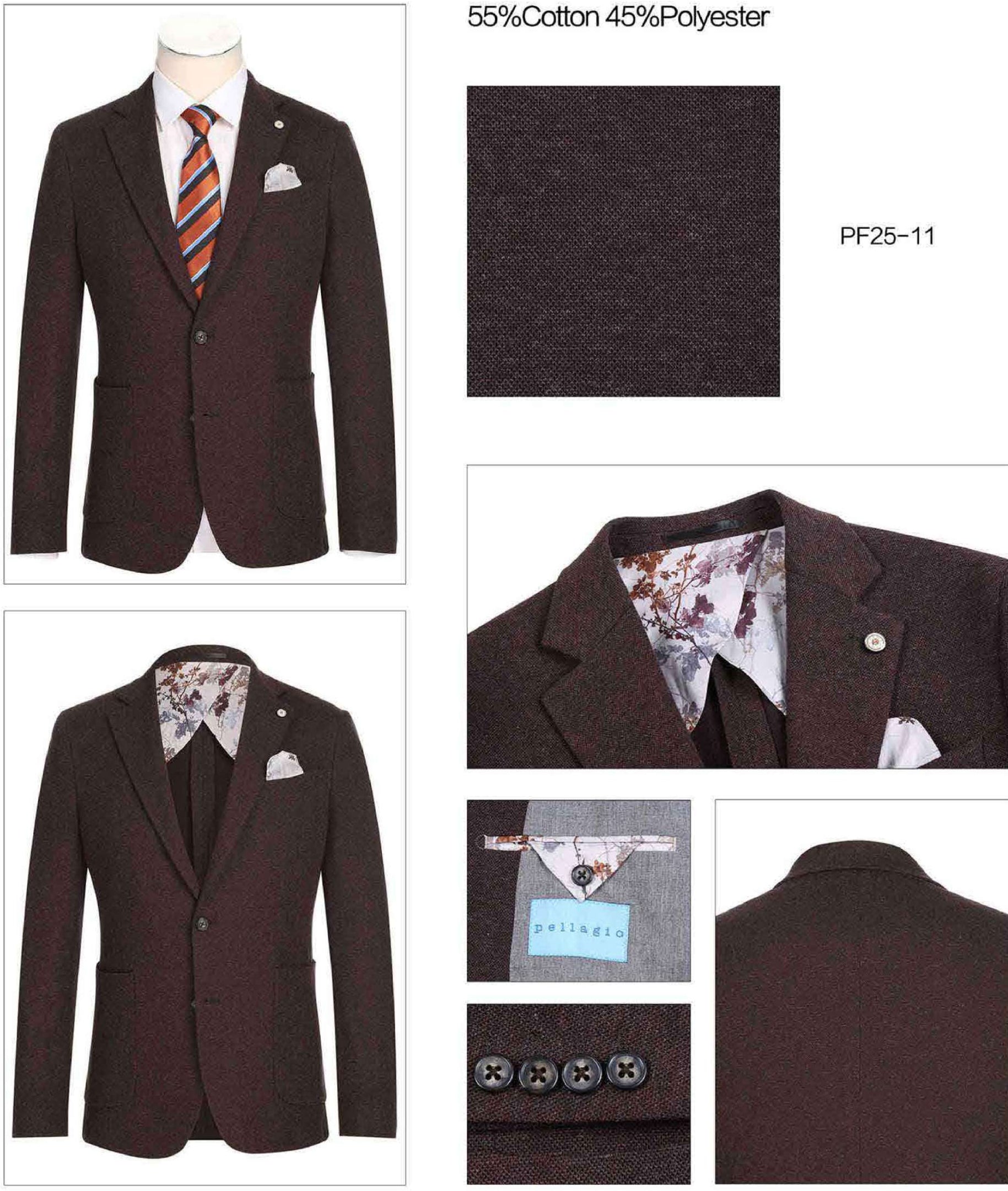 The Pellagio Men's Slim Fit Riserva Jacket Brown PF25-11 is displayed on a mannequin, styled with a white dress shirt, orange and navy striped tie, and a white pocket square.