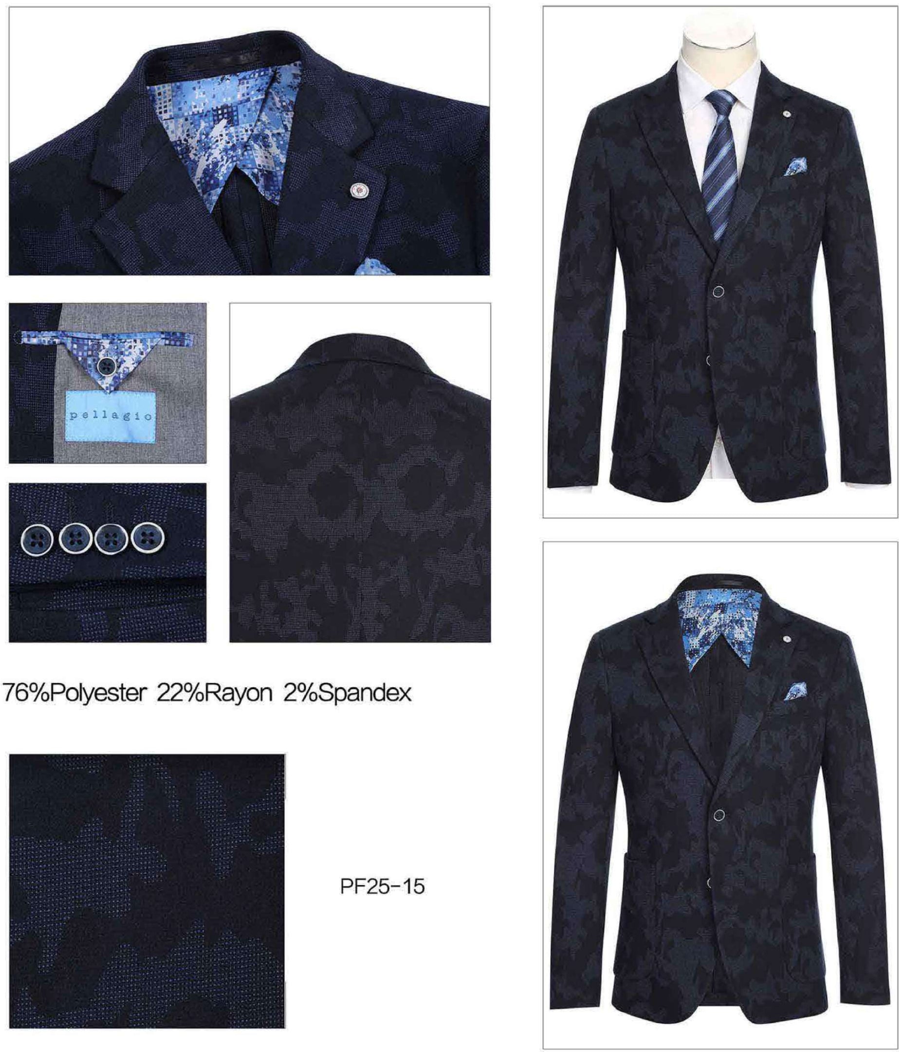 The Pellagio Men's Slim Fit Riserva Jacket Navy PF25-15 is a single-breasted blazer displayed on a mannequin, showcasing the classic Pellagio style.