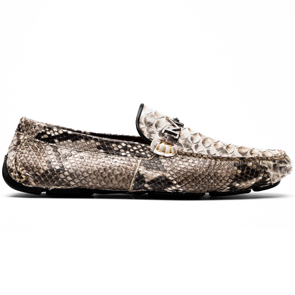 Pair of Marco Di Milano’s Pia Natural men’s loafers, crafted from exotic python skin leather and featuring a sleek metal buckle detail, displayed against a white background. One luxury loafer stands upright while the other is tilted to reveal the sole, showcasing the refined craftsmanship of these signature driver shoes.