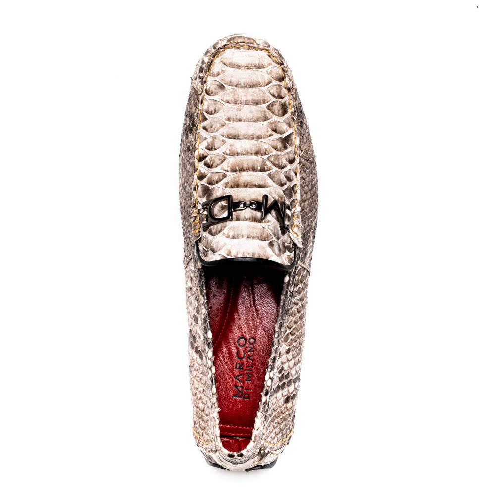 Pair of Marco Di Milano’s Pia Natural men’s loafers, crafted from exotic python skin leather and featuring a sleek metal buckle detail, displayed against a white background. One luxury loafer stands upright while the other is tilted to reveal the sole, showcasing the refined craftsmanship of these signature driver shoes.