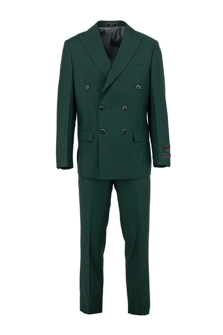 The Tiglio Luxe Forest Green Pistoia TIG4186 is a modern fit pure wool men’s suit with matching trousers, double-breasted, displayed on a plain white background.