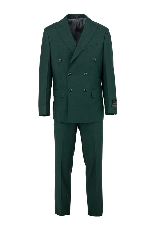 The Tiglio Luxe Forest Green Pistoia TIG4186 is a modern fit pure wool men’s suit with matching trousers, double-breasted, displayed on a plain white background.