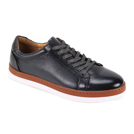 The GIOVANNI Giovanni Porter Grey Leather Shoes feature a black leather low top design with gray laces, brown trim, and a white sole, displayed from the side.