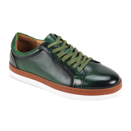 The Giovanni Porter Olive Leather Shoes by GIOVANNI are stylish green leather sneakers with a welt design, featuring matching green laces, a brown midsole, and a clean white outsole.