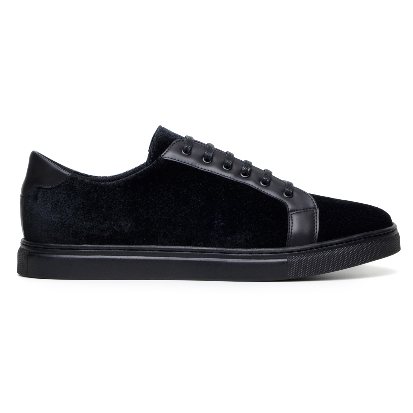 The BELVEDERE Belvedere - Prince is a black sneaker featuring velvet and matte leather, black laces, a cushioned insole, and a black rubber sole. Shown in side profile against a white background.