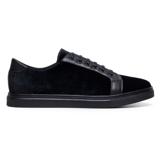 The BELVEDERE Belvedere - Prince is a black sneaker featuring velvet and matte leather, black laces, a cushioned insole, and a black rubber sole. Shown in side profile against a white background.