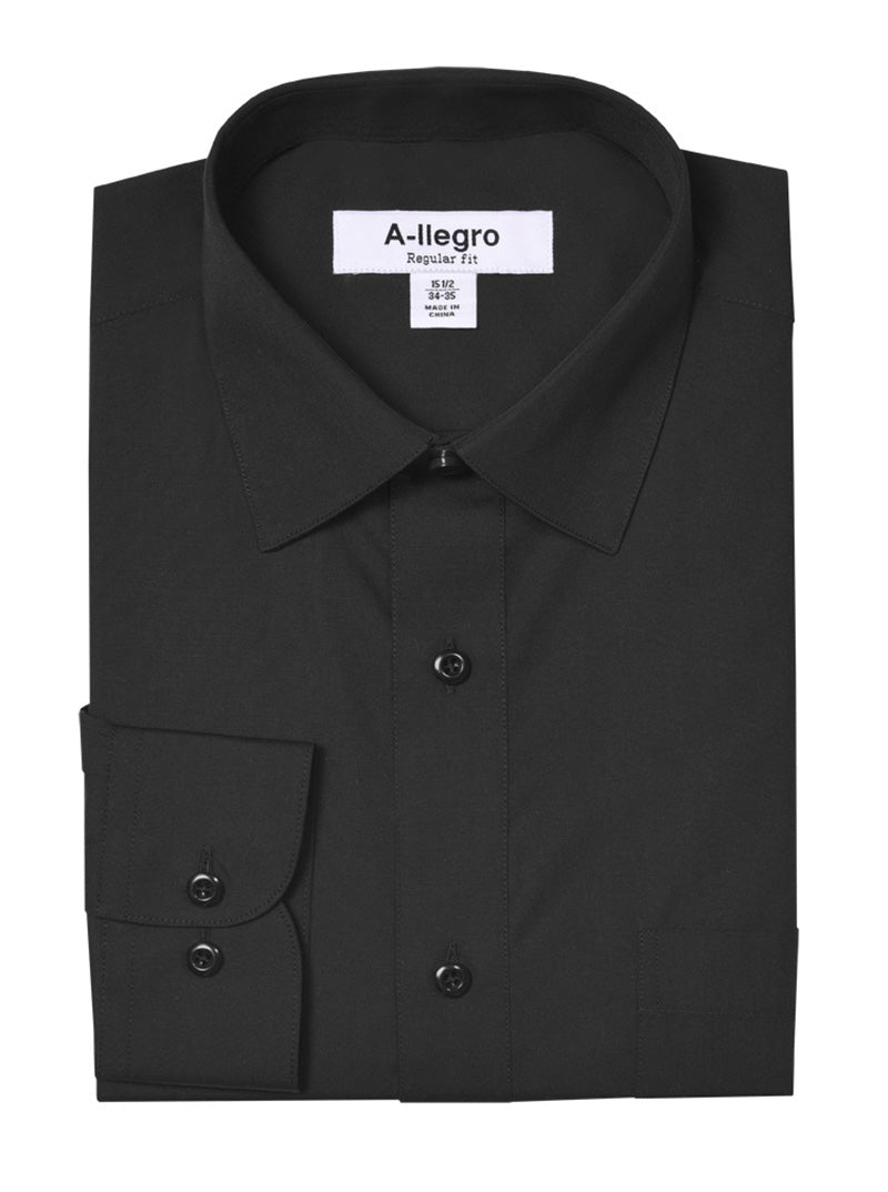 Black dress shirt with collar and buttoned convertible cuffs, labeled "A-llegro Regular Fit." Product: Classic Regular Fit Cotton Convertible Cuff Dress Shirt Black R-S100 by Vinci Suits.