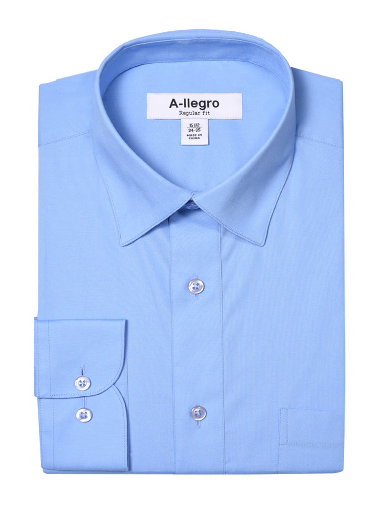 The Vinci Suits Classic Regular Fit Cotton Convertible Cuff Dress Shirt Blue R-S100 is a light blue shirt with a pointed collar, button cuffs for cufflinks, and a white label inside the collar, offering both style and versatility.