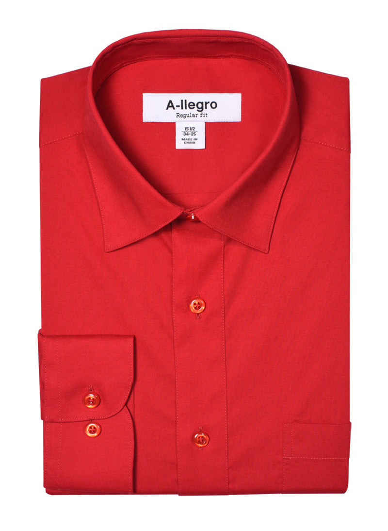 A neatly folded red long-sleeve button-up dress shirt features dual-button convertible cuffs and displays the label "Vinci Suits, Classic Regular Fit Cotton Convertible Cuff Dress Shirt Red R-S100," highlighting its solid color.