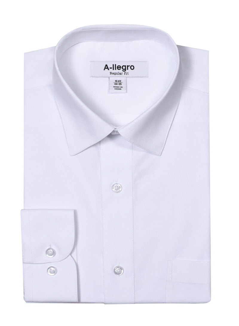 The white long-sleeve Classic Regular Fit Cotton Convertible Cuff Dress Shirt (R-S100) by Vinci Suits features a pointed collar and convertible cuffs for versatile elegance.